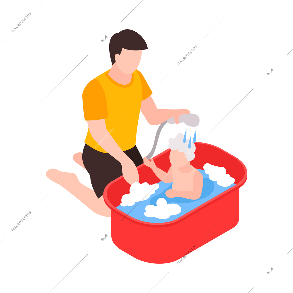 Isometric dad father parenthood children composition with man showering baby in plastic tub vector illustration