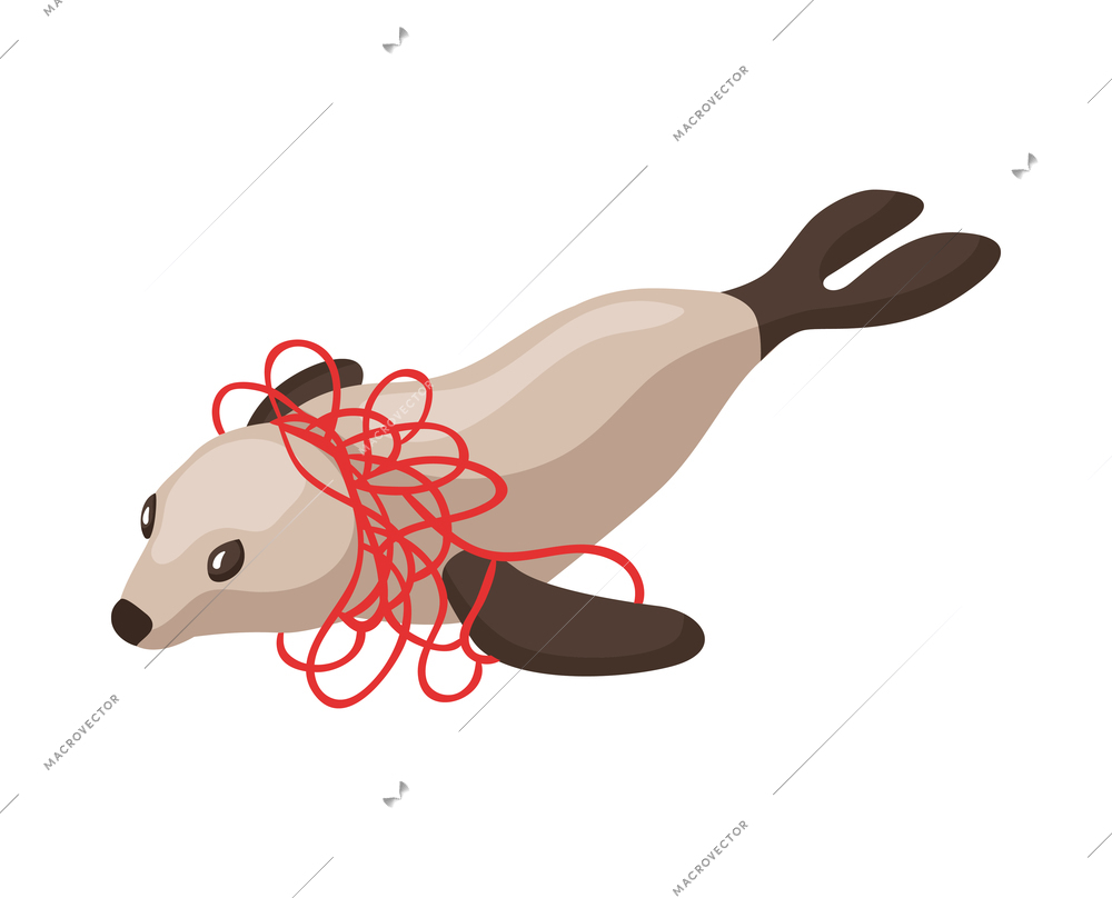 Isometric water ocean pollution composition with isolated image of entangled seal on blank background vector illustration