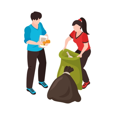 Isometric water ocean pollution composition with characters of man and woman gathering waste into sacks vector illustration