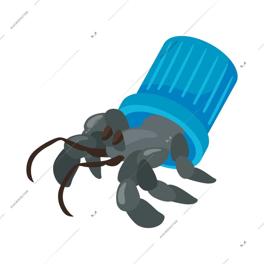 Isometric water ocean pollution composition with image of stuck crab with head inside waste bin on blank background vector illustration