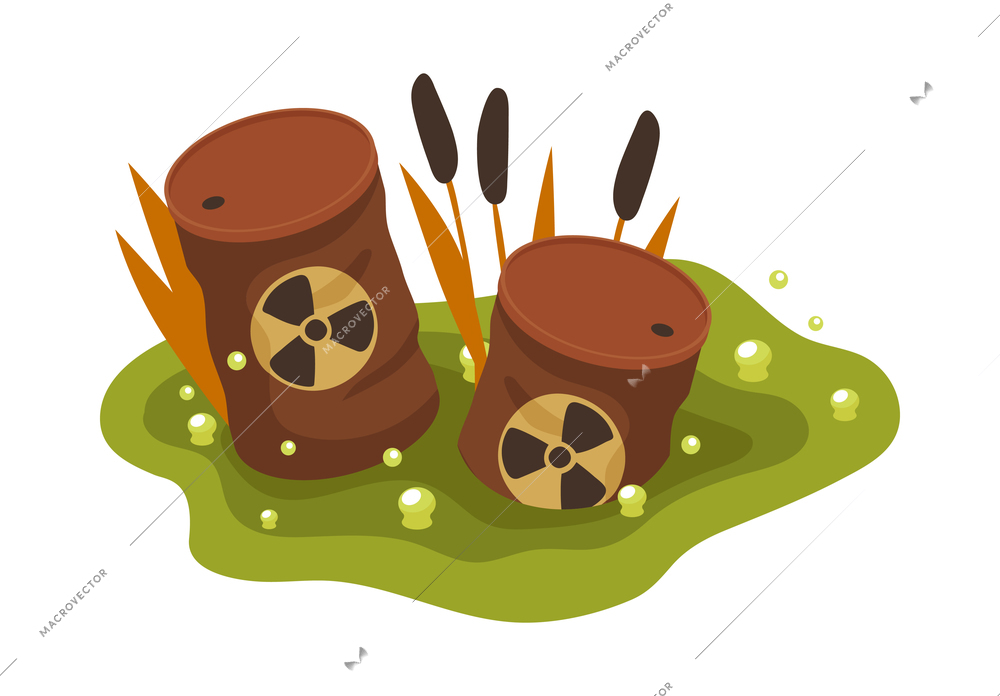 Isometric water ocean pollution composition with images of toxic waste cans with radiation signs vector illustration