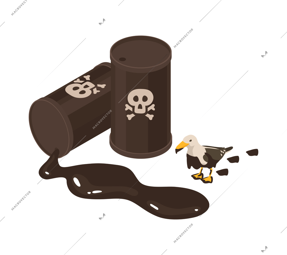 Isometric water ocean pollution composition with images of toxic waste cans with oil threads on blank background vector illustration