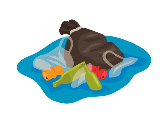 Isometric water ocean pollution composition with pieces of household waste floating on water surface vector illustration