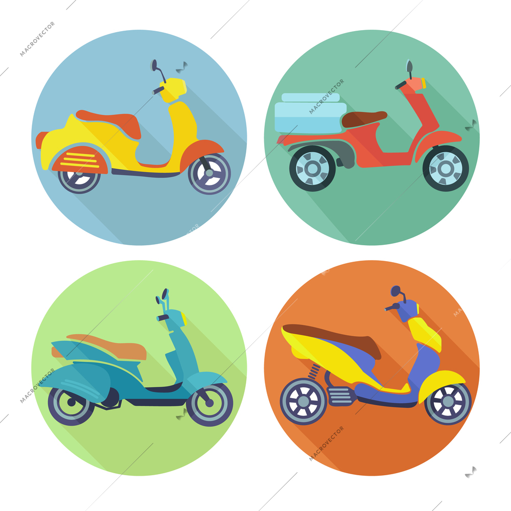 Scooter icon flat set with urban vehicle speed transport isolated vector illustration