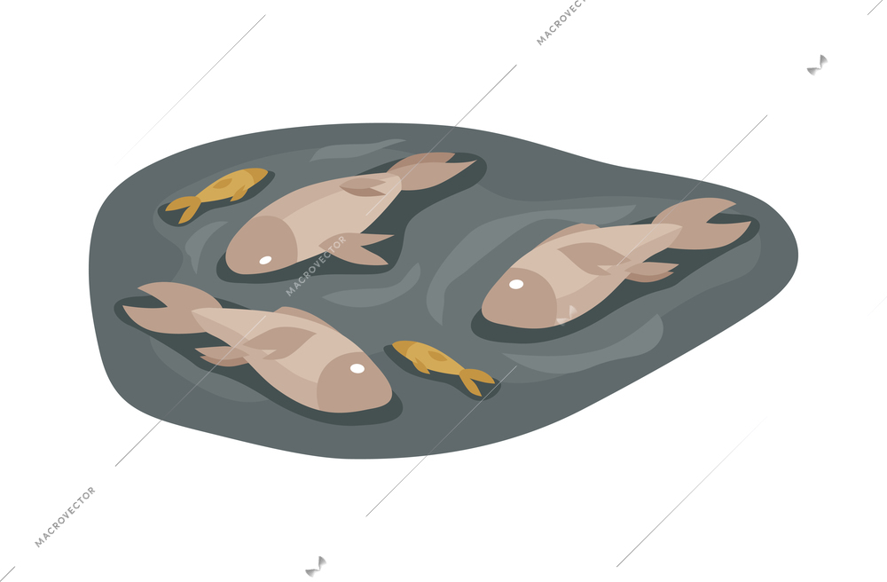 Isometric water ocean pollution composition with view of dead fishes killed by toxic waste vector illustration