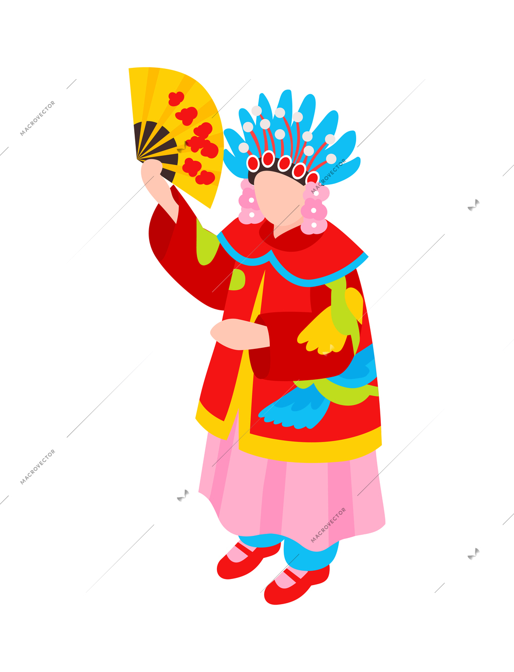 Isometric chinese new year composition with human character holding hand fan feathers and festive goods vector illustration