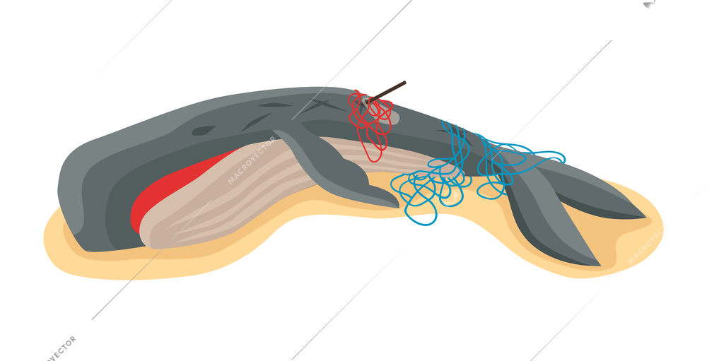 Isometric water ocean pollution composition with image of dead whale killed by toxic waste on blank background vector illustration