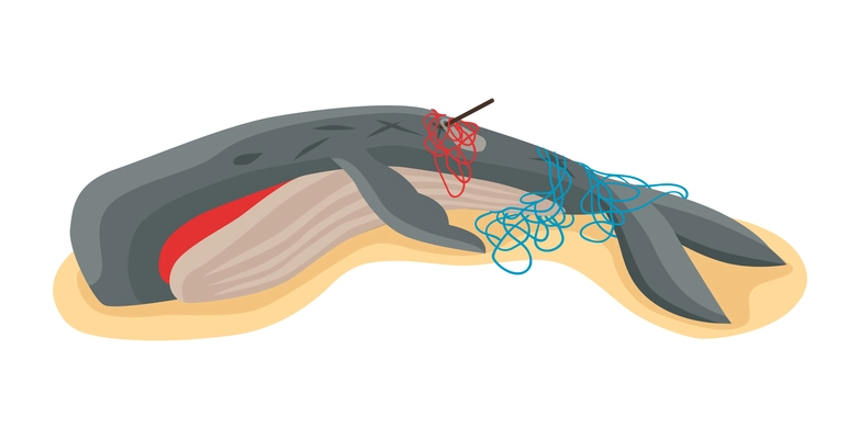 Isometric water ocean pollution composition with image of dead whale killed by toxic waste on blank background vector illustration