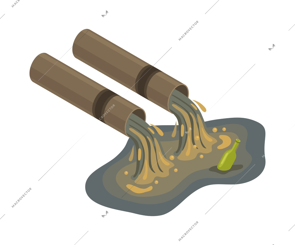 Isometric water ocean pollution composition with images of factory tubes spoiling waste into water vector illustration