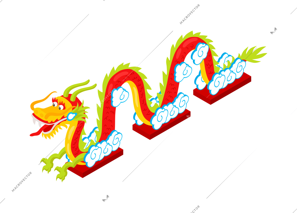 Isometric chinese new year composition with cartoon character of decorated dragon snake vector illustration