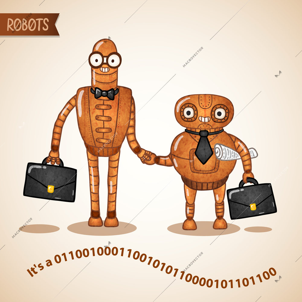 Business deal handshake concept by two retro robots vector illustration