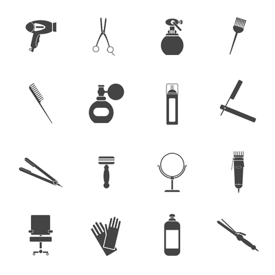 Hairdresser styling accessories professional haircut black icon set with hair-dryer scissors spray brush isolated vector illustration