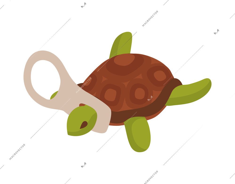 Isometric water ocean pollution composition with isolated image of stuck turtle on blank background vector illustration