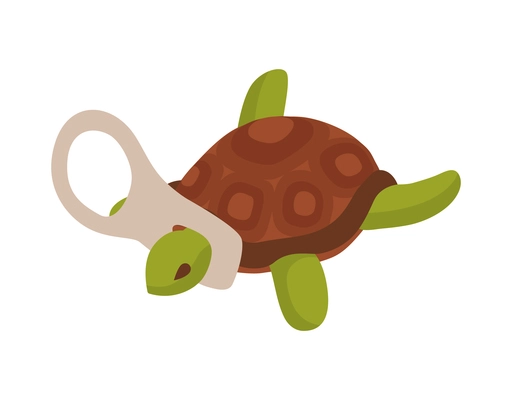 Isometric water ocean pollution composition with isolated image of stuck turtle on blank background vector illustration