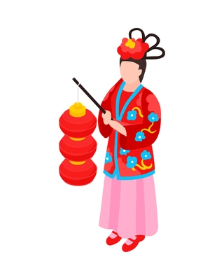 Isometric chinese new year composition with human character holding red lanterns and festive accessories vector illustration