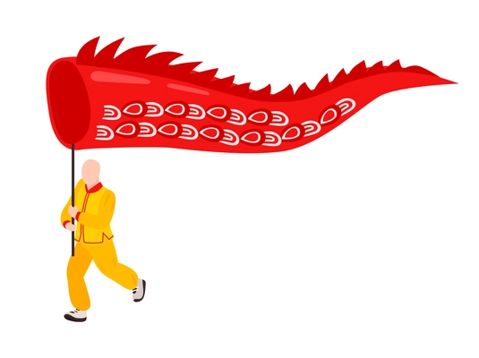 Isometric chinese new year composition with human character holding pole carrying fabric dragons tail vector illustration