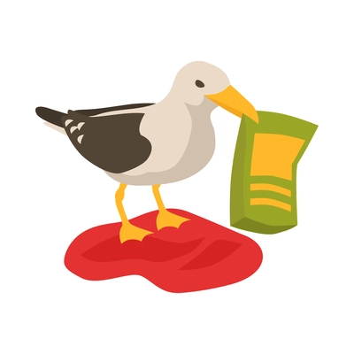 Isometric water ocean pollution composition with sea gull holding piece of garbage on blank background vector illustration