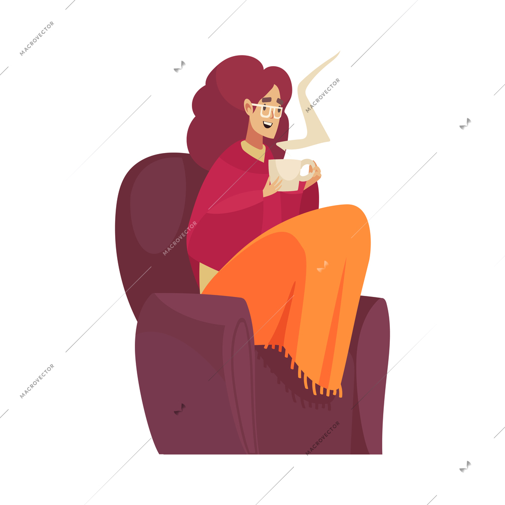 Bad weather rain composition with isolated image of woman sitting in armchair with cup of hot drink vector illustration