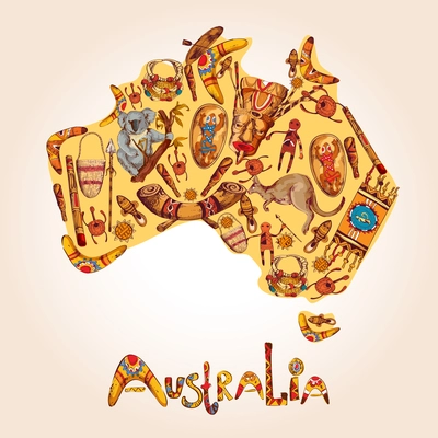 Australia native aboriginal tribal ethnic colored sketch symbols in australian continent shape vector illustration