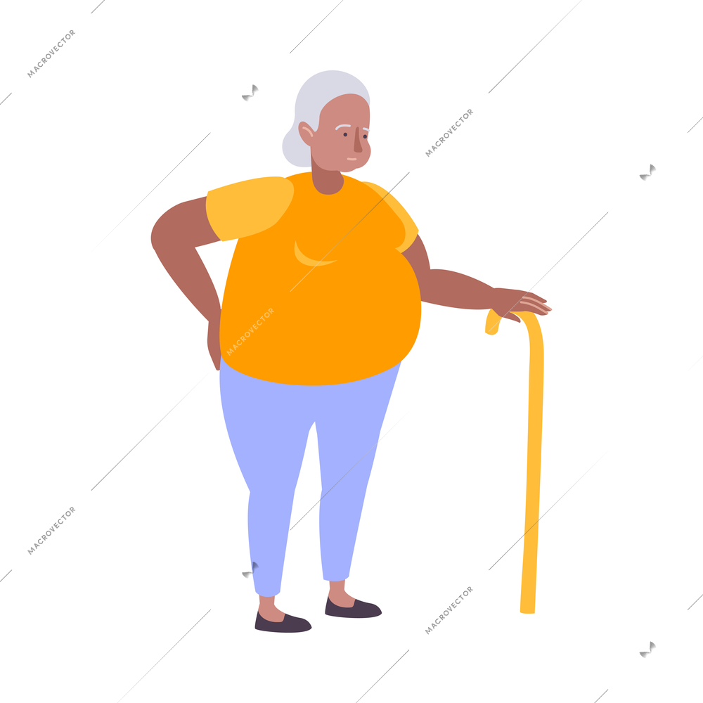 Fat people obesity composition with isolated doodle character of elderly woman vector illustration