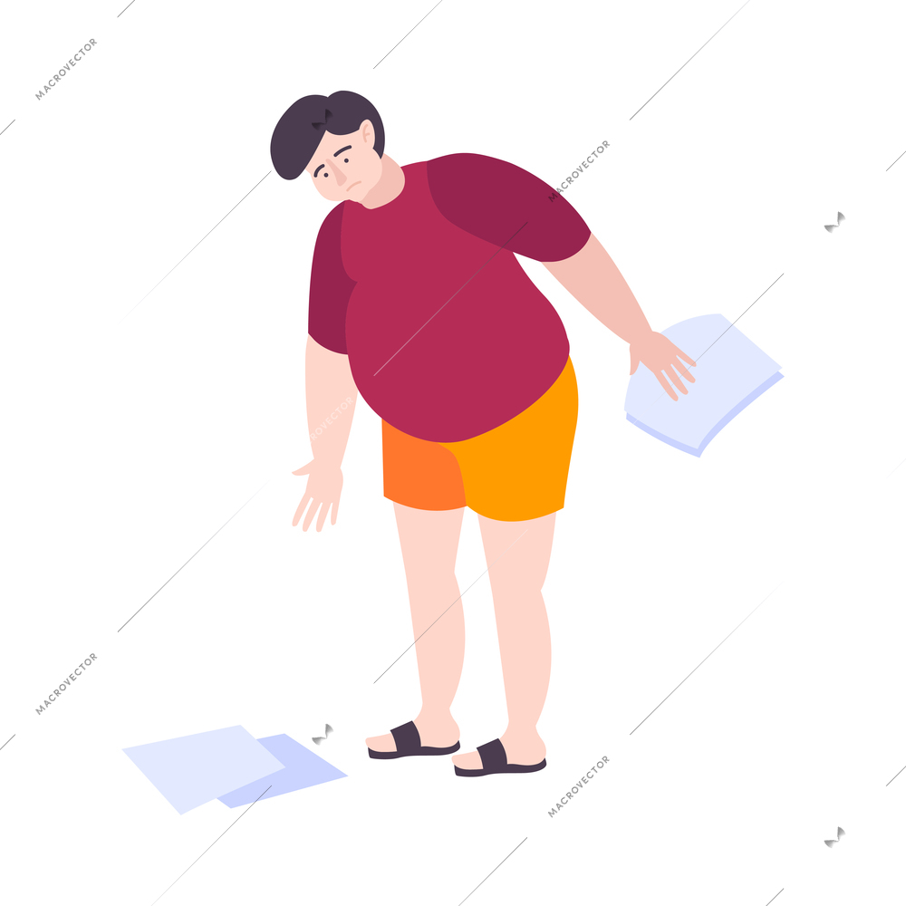 Fat people obesity composition with isolated doodle man unable to stoop to pick up paper sheet vector illustration