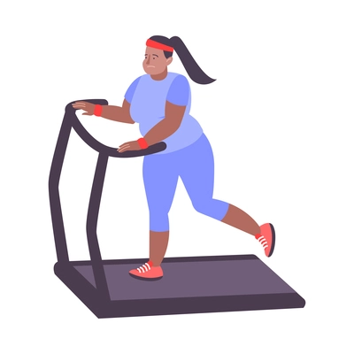 Fat people obesity composition with isolated doodle character of fat girl running on treadmill vector illustration