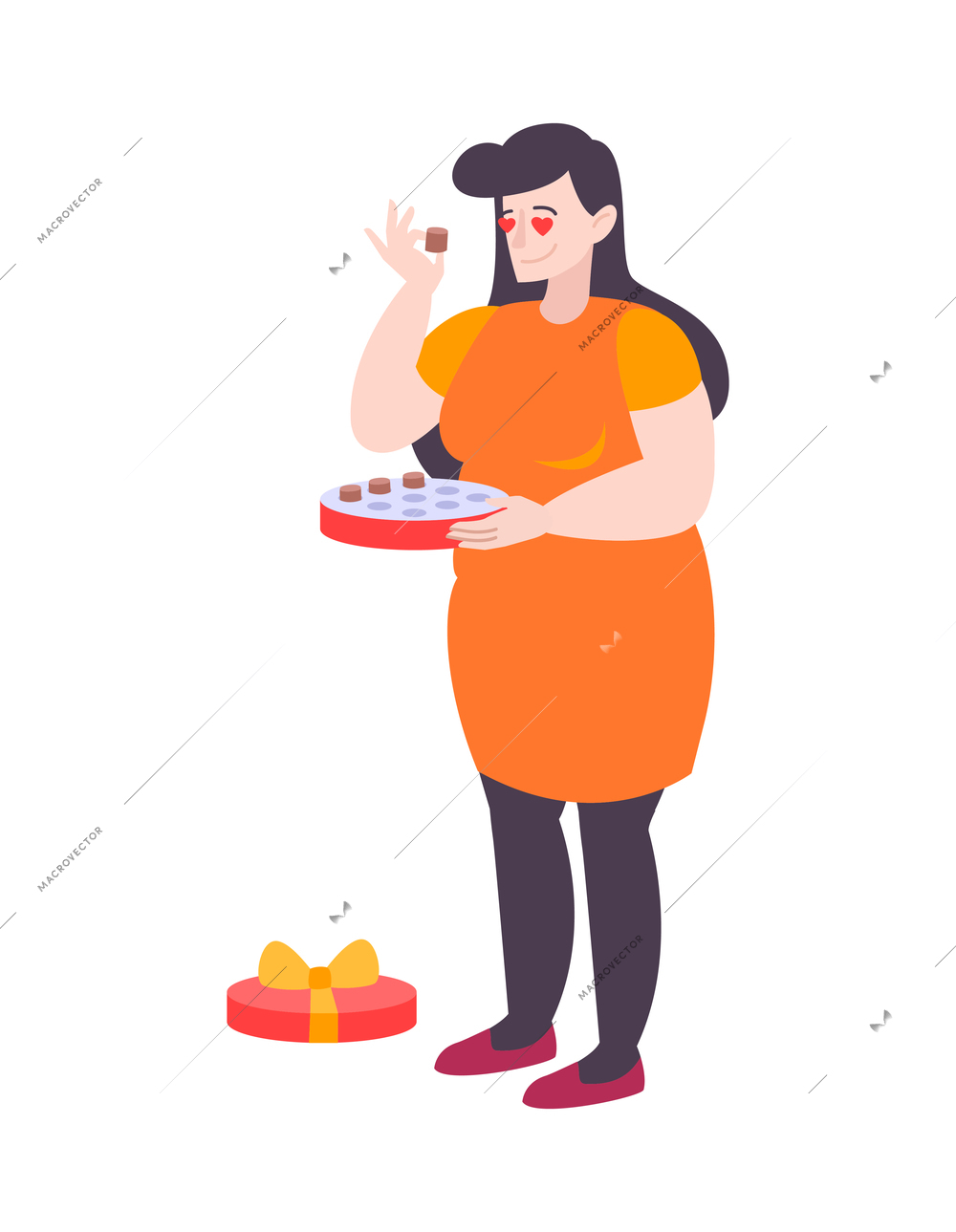 Fat people obesity composition with isolated doodle character of girl eating candies vector illustration