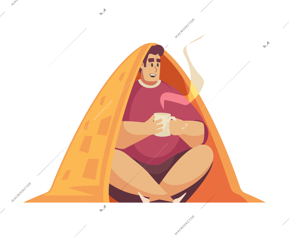 Bad weather rain composition with isolated character of man drinking tea inside small tent vector illustration
