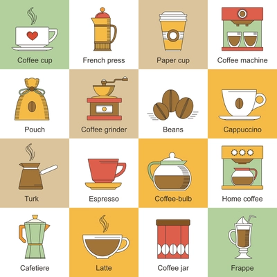 Coffee flat icons set with paper cup french press machine isolated vector illustration