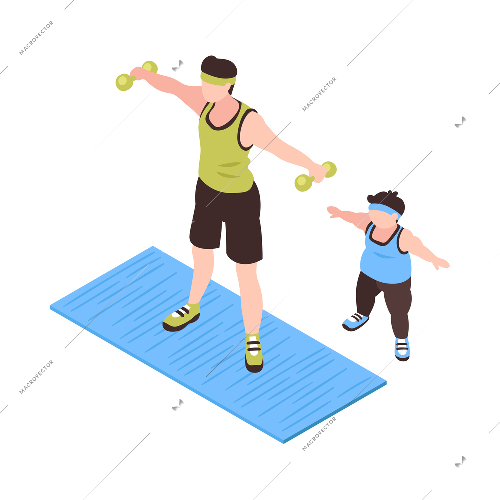 Isometric dad father parenthood children composition with characters of boy and man practicing together vector illustration