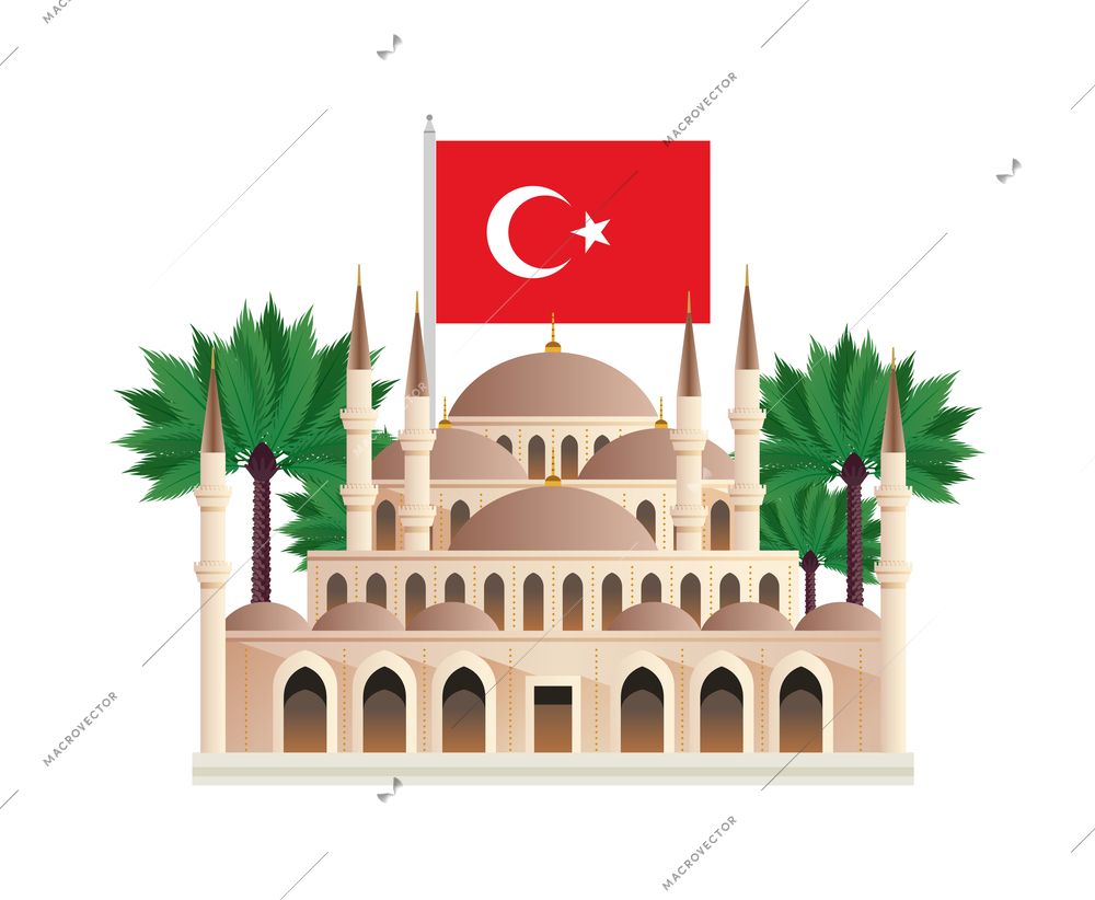 Istanbul turkey tourism travel composition with isolated images of historic buildings with turkish flag vector illustration