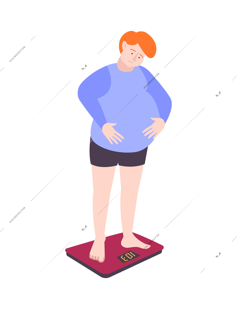 Fat people obesity composition with isolated doodle character of fat guy weighing himself vector illustration