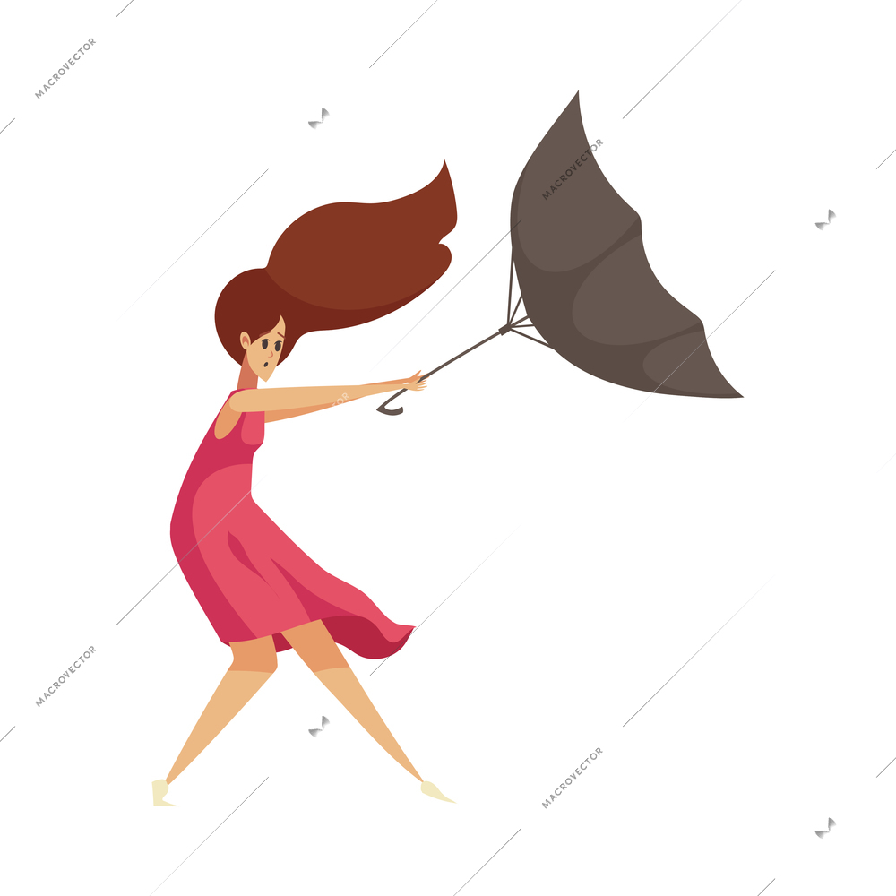 Bad weather rain composition with isolated character of woman holding umbrella against strong wind vector illustration