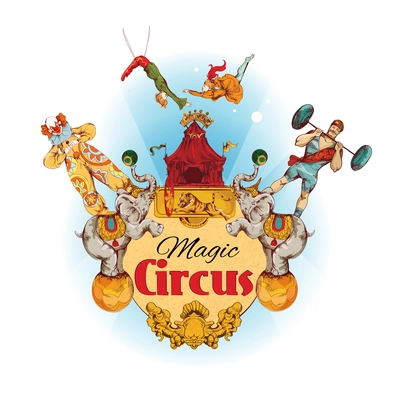 Magic circus colored background with clowns animals acrobat athlete vector illustration