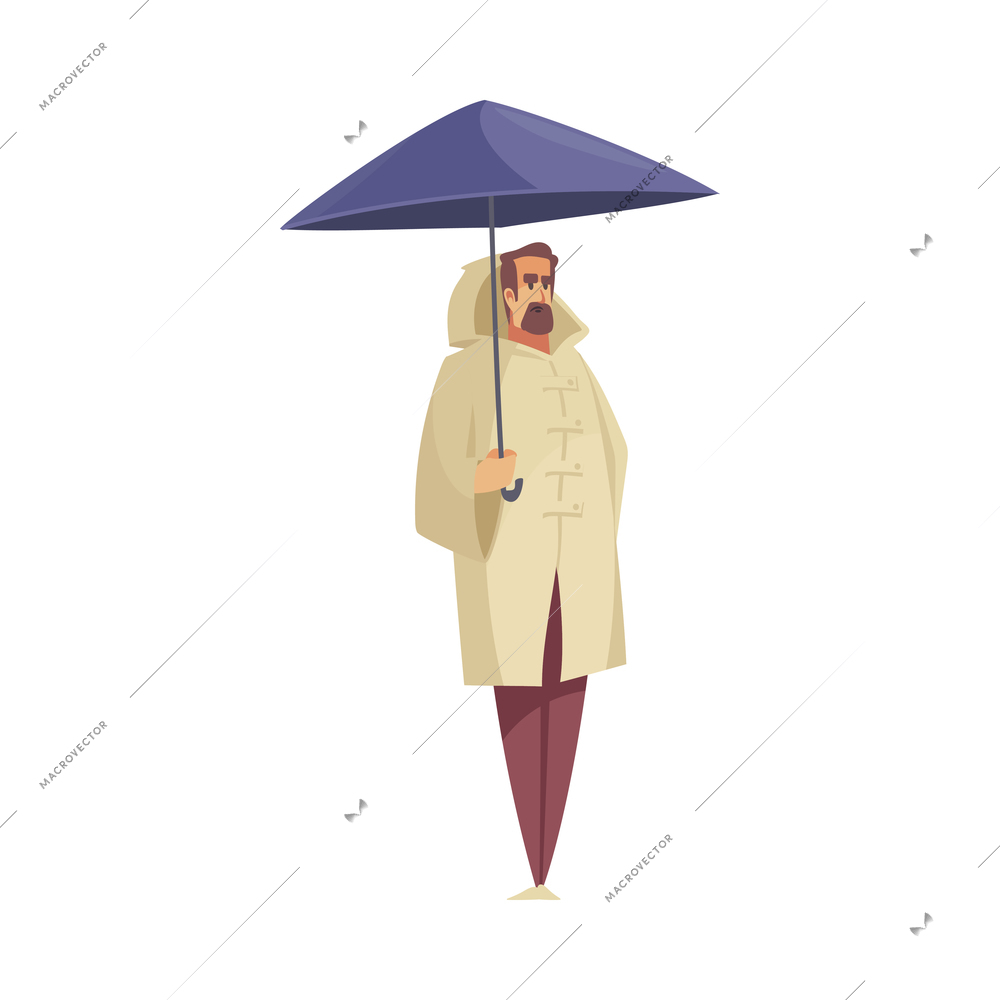 Bad weather rain composition with isolated character of bearded man wearing coat holding umbrella vector illustration