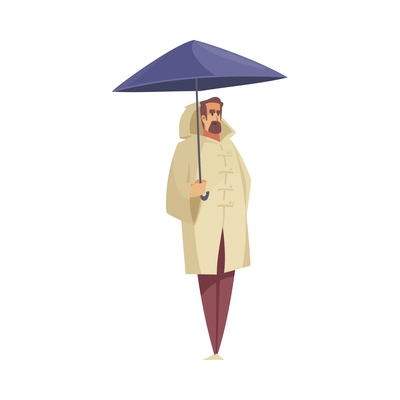 Bad weather rain composition with isolated character of bearded man wearing coat holding umbrella vector illustration