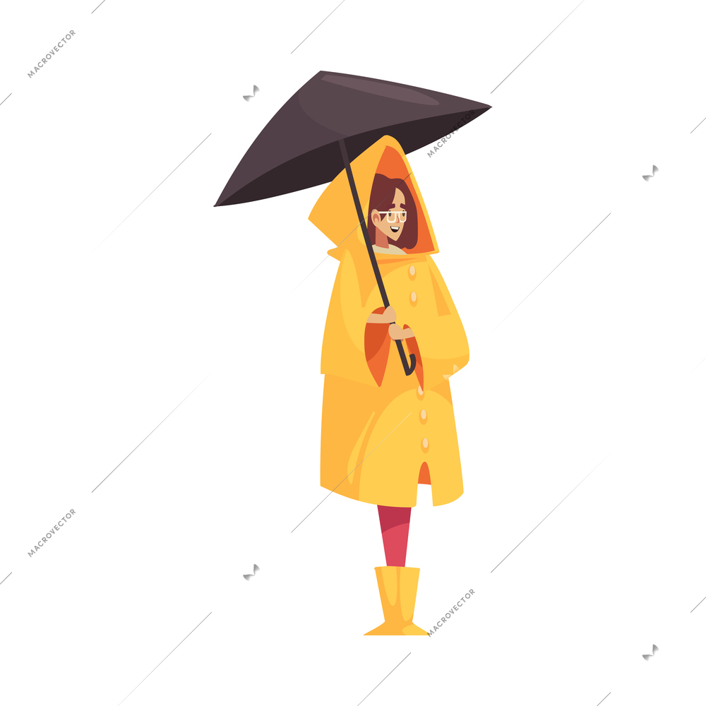 Bad weather rain composition with isolated character of woman wearing raincoat holding umbrella vector illustration