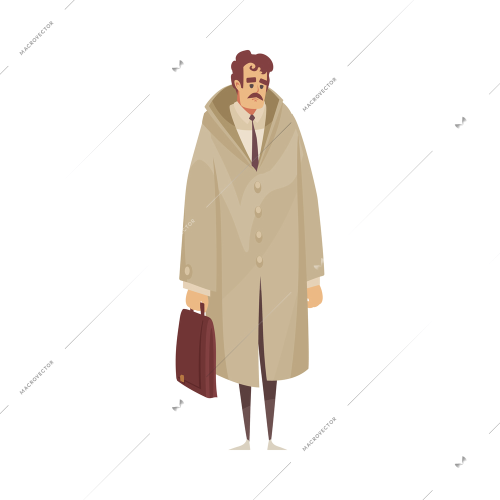 Bad weather rain composition with isolated character of man wearing warm coat holding bag vector illustration