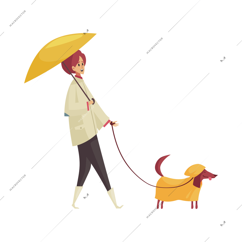 Bad weather rain composition with isolated character of woman holding umbrella walking her dog vector illustration