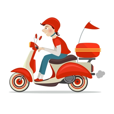 Delivery person on retro scooter fast service icon isolated on white background vector illustration