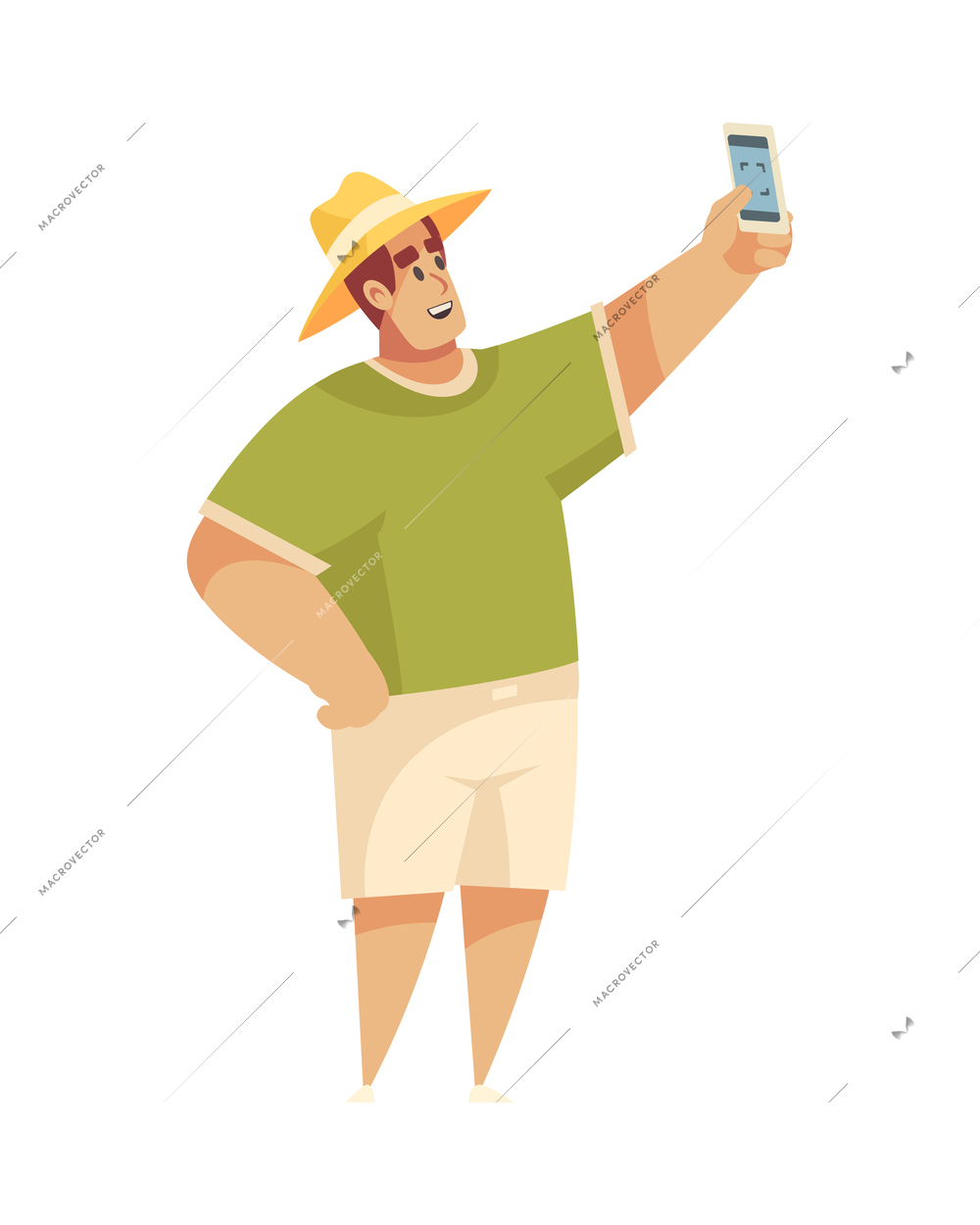 Safari travel composition with isolated character of male tourist raising hand with smartphone for selfie vector illustration