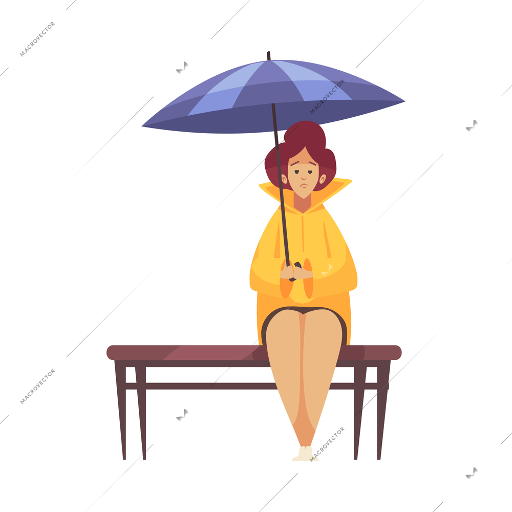 Bad weather rain composition with isolated character of sad woman sitting on bench with umbrella vector illustration