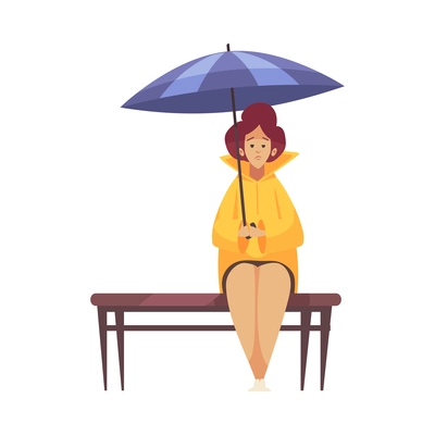 Bad weather rain composition with isolated character of sad woman sitting on bench with umbrella vector illustration