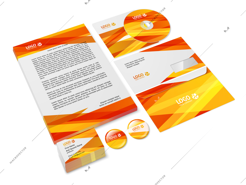 Orange abstract business company stationery template for corporate identity and branding set isolated vector illustration