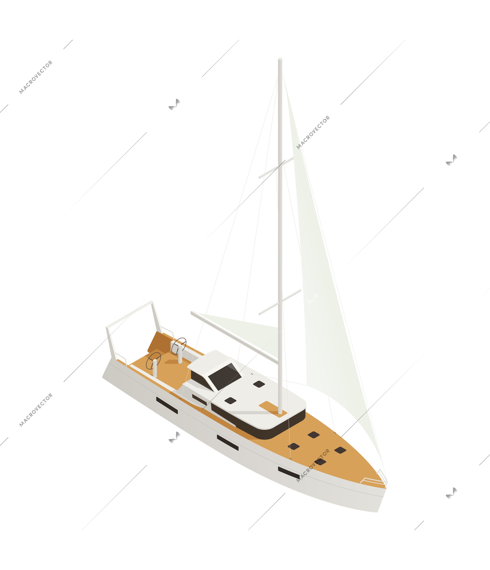 Yachting isometric composition with isolated image of yacht boat with sail on blank background vector illustration