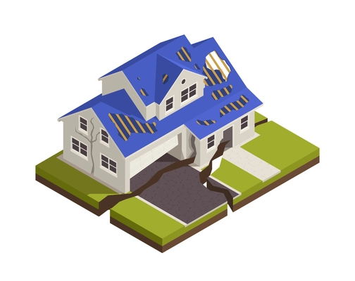 Natural disaster isometric composition with view of house cracked by earth break vector illustration