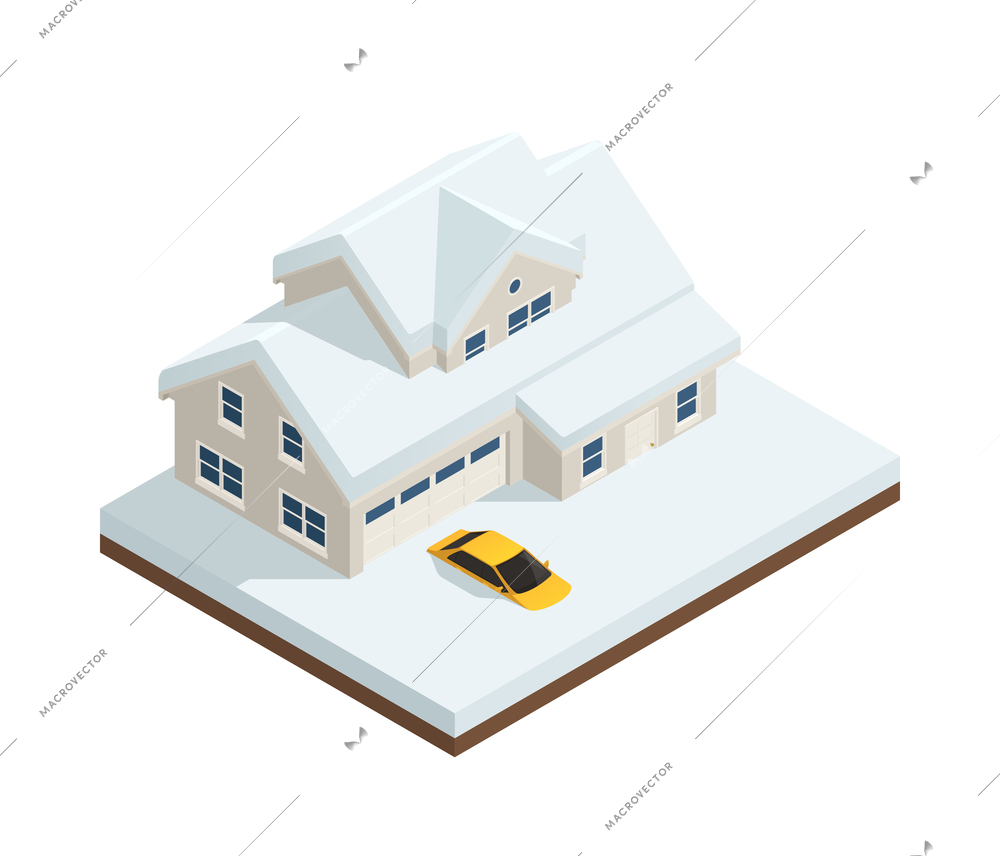 Natural disaster isometric composition with view of house and car buried in snow vector illustration