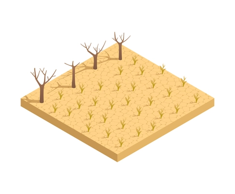 Natural disaster isometric composition with view of hard dry trees on rough land vector illustration