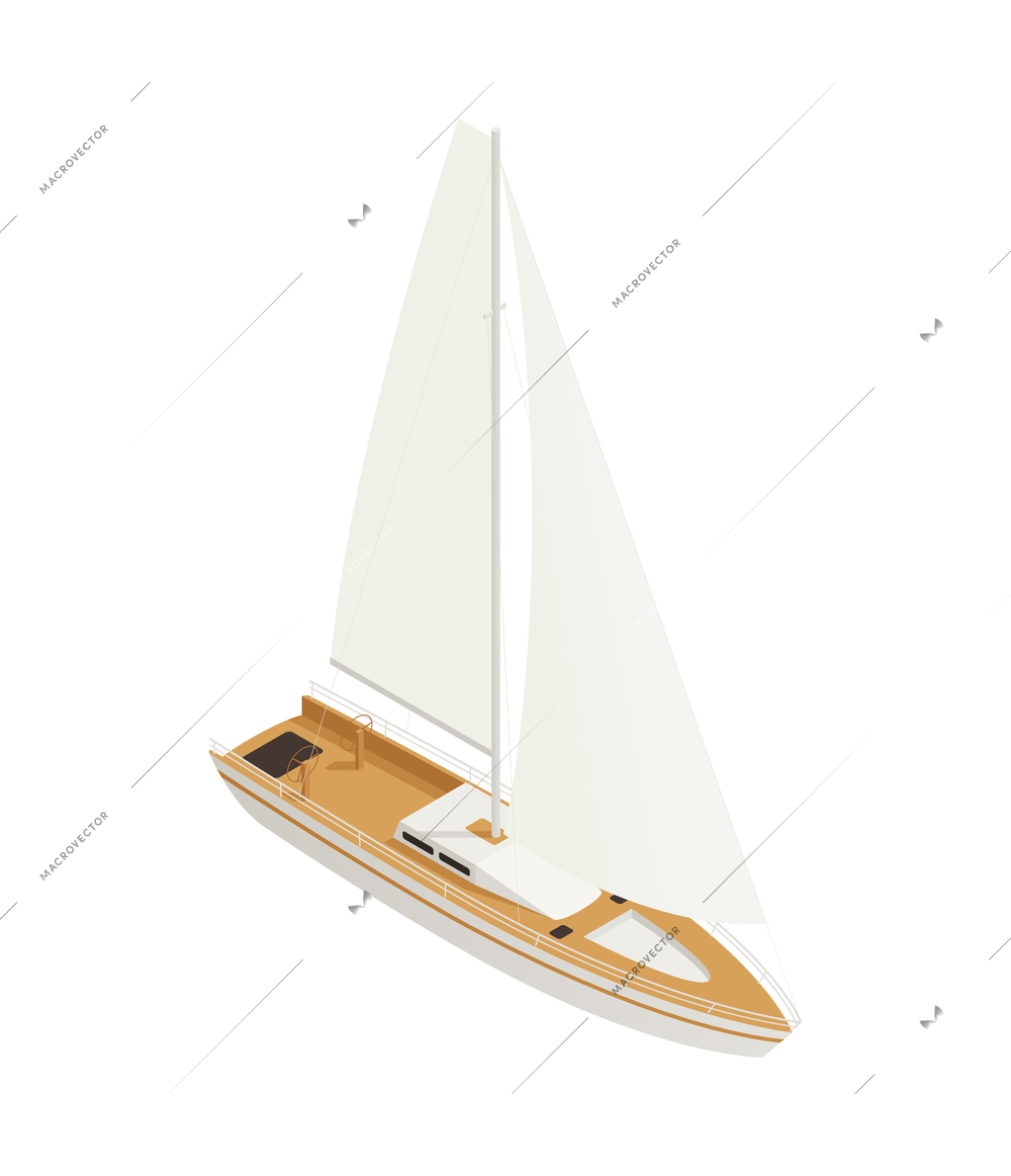 Yachting isometric composition with isolated image of yacht boat with sail on blank background vector illustration