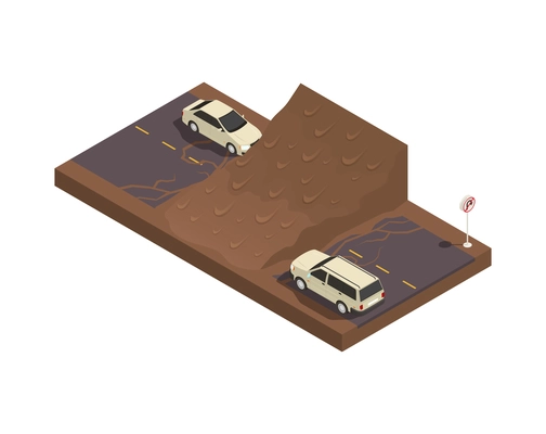 Natural disaster isometric composition with view of cars on the road flooded with mud vector illustration